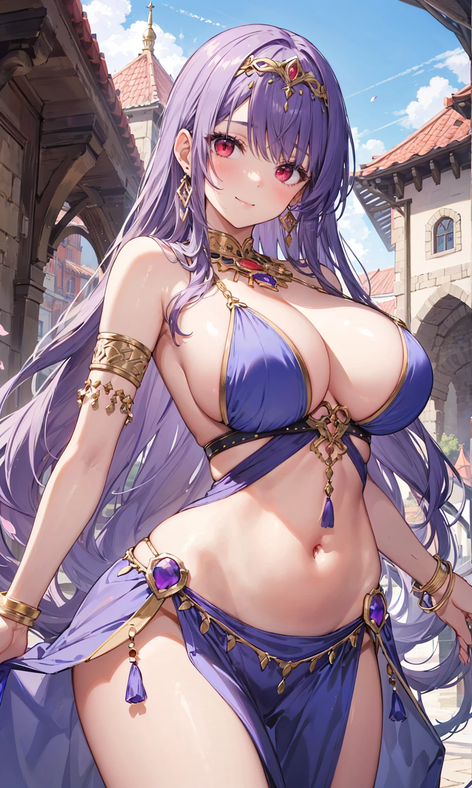 high quality, ultra detailed, best quality, insanely detailed, beautiful, masterpiece, 1girl, medieval plaza, cowboy shot, red eyes, long hair, purple hair, belly dancer, circlet, earrings, armlets, bracelets, bashful smile, large breasts, cleavage, soft stomach