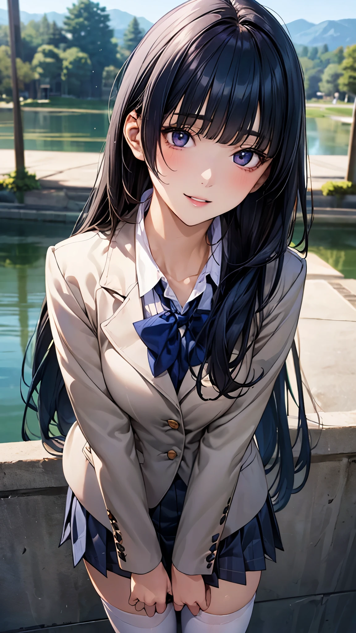 (masterpiece:1.3, top-quality, ultra high res, ultra detailed), (realistic, photorealistic:1.4), beautiful illustration, perfect lighting, natural lighting, colorful, depth of fields, ,
beautiful detailed hair, beautiful detailed face, beautiful detailed eyes, beautiful clavicle, beautiful body, beautiful chest, beautiful thigh, beautiful legs, beautiful fingers, shiny skin, babyface,
looking at viewer, (face focus), 1 girl, high school girl, (perfect anatomy, anatomically correct, super detailed skin), cute and symmetrical face, perfect face, perfect eyes,
(long hair, straight hair, navy hair), swept bangs, blue eyes, long eyelashes, (small breasts, seductive thighs), slender, outstanding style, ,
(detailed cloth texture), break, ((black blazer, black over plaid pleated skirt)), break, (blue grey cardigan, blue tie), break, (white collared shirt), break,
(beautiful scenery), spring\(season\), late afternoon, (grassy, kitten), squatting, (smile, open mouth small),
