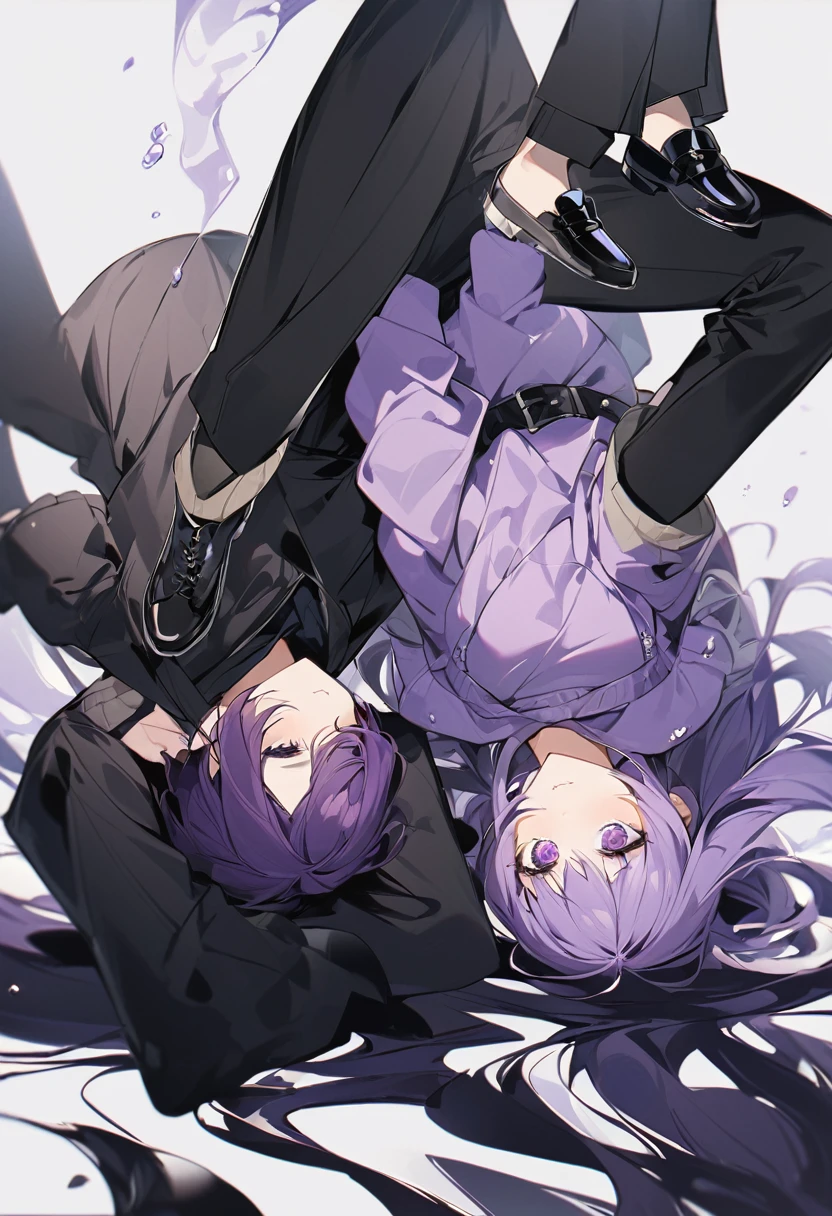 Keito。men and women。2 people。Purple hoodie。Black Skirt。The man wears black trousers。Purple Eyes。Purple Hair。Black shoes下。Black shoes。The man puts his head upside down
