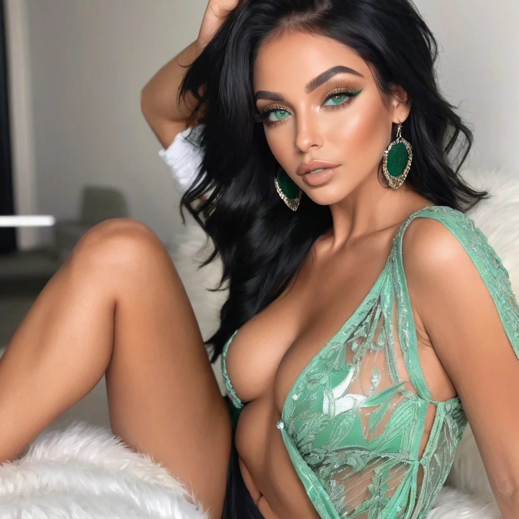 brunette influencer ,light skin latina,green eyes black hair,sensual glistening,seductive sexy look