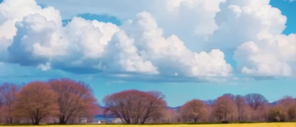 Blue sky with white clouds, brown trees on the horizon