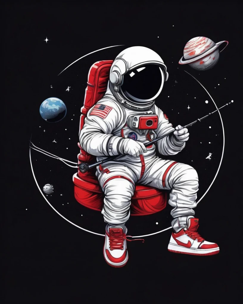 astronaut t-shirt design sitting on a small planet holding a fishing rod, wearing red and white Nike sneakers, Nike Jordan, text logo: space, flat-colors, (black backdrop), High definition, 8K