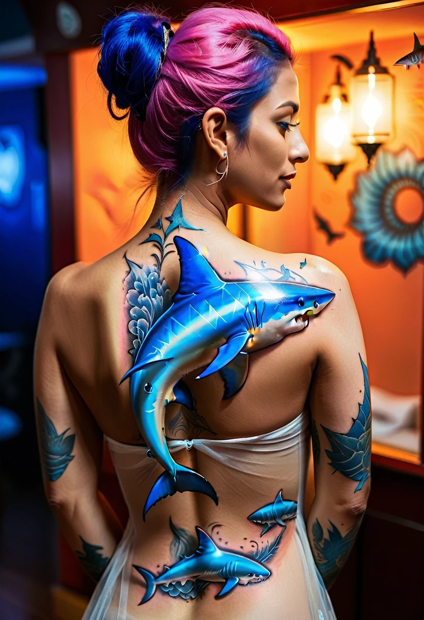 Arafed, a picture of a ((shark tattoo: 1.5)) on the back of a female elf, of  glowing tattoo of a ((blue shark: 1.3)) the shark tattoo is vivid, intricate detailed coming to life rising from the ink to real life, ,  AlchemyPunkAI, shoot taken from the back, ((the back is visible: 1.3), she wears a transparent dress that the tattoos glow, iridescent