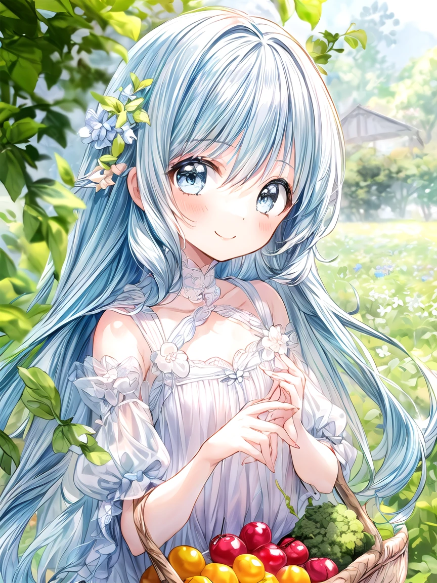 masterpiece, best quality, extremely detailed, (illustration, official art:1.1), 1 girl ,(((( light blue long hair)))), ,(((( light blue long hair)))),light blue hair, , long hair ((blush)) , cute face, big eyes, masterpiece, best quality,(((((a very delicate and beautiful girl))))),Amazing,beautiful detailed eyes,blunt bangs((((little delicate girl)))),tareme(true beautiful:1.2), sense of depth,dynamic angle,,,, affectionate smile, (true beautiful:1.2),,(tiny 1girl model:1.2),)(flat chest),Photorealistic、Chibi Girl(Harvesting cherry tomatoes、A lot of cherry tomatoes in a basket、smile)、Vegetables in a basket、field