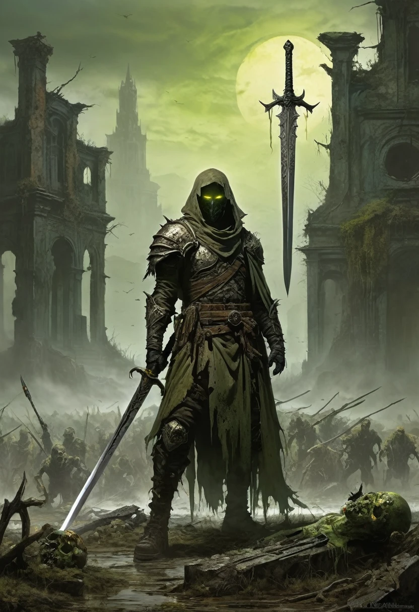 Create a mesmerizing image of a shadowy man holding the Chrysamere sword, in a haunting post-apocalyptic landscape. There should be a horde of zombies lurk ominously in the background. The entire scene should reflect the intricate details of the sword with a bleak color pallet that includes pale yellows and dusty browns and greens. The style should incorporate Luis Royo's art, creating a juxtaposition of decayed ruins and modern decrepit remnants.
