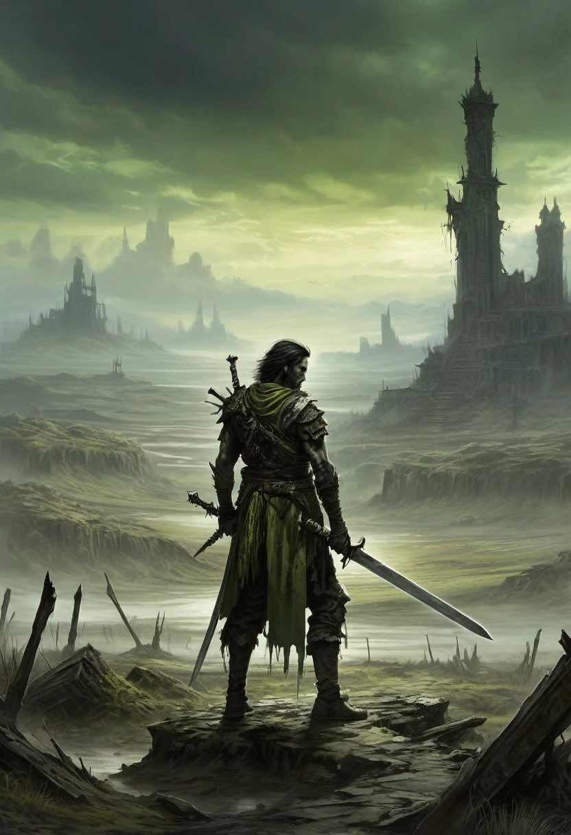 Create a mesmerizing image of a shadowy man holding the Chrysamere sword, in a haunting post-apocalyptic landscape. There should be a horde of zombies lurk ominously in the background. The entire scene should reflect the intricate details of the sword with a bleak color pallet that includes pale yellows and dusty browns and greens. The style should incorporate Luis Royo's art, creating a juxtaposition of decayed ruins and modern decrepit remnants.