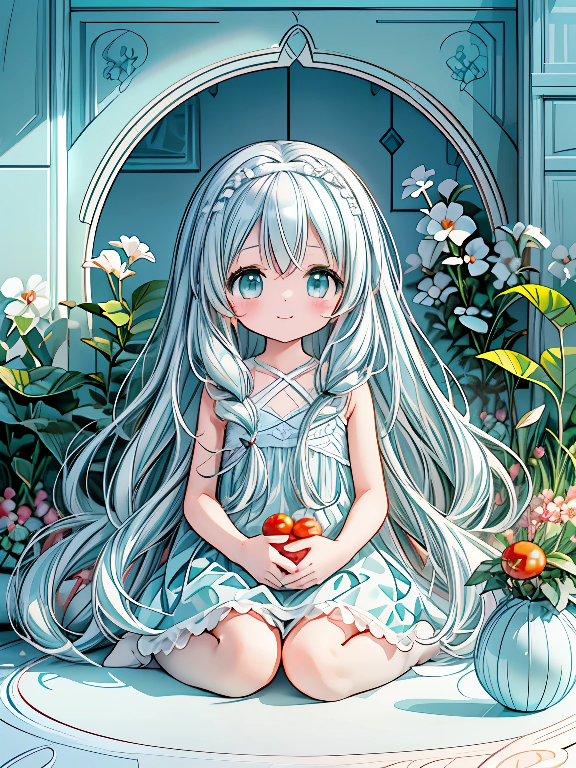 masterpiece, best quality, extremely detailed, (illustration, official art:1.1), 1 girl ,(((( light blue long hair)))), ,(((( light blue long hair)))),light blue hair, , long hair ((blush)) , cute face, big eyes, masterpiece, best quality,(((((a very delicate and beautiful girl))))),Amazing,beautiful detailed eyes,blunt bangs((((little delicate girl)))),tareme(true beautiful:1.2), sense of depth,dynamic angle,,,, affectionate smile, (true beautiful:1.2),,(tiny 1girl model:1.2),)(flat chest),Photorealistic、Chibi Girl（Harvesting cherry tomatoes、A lot of cherry tomatoes in a basket、smile）、Vegetables in a basket、field
