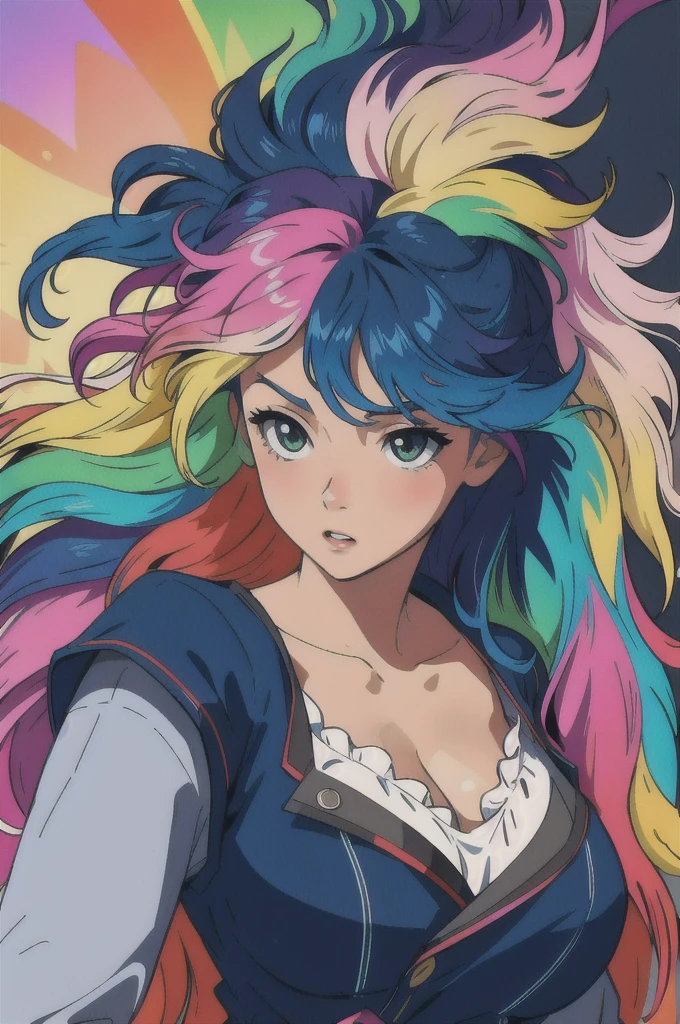 masterpiece, best quality, girl with rainbow hair, really wild hair, mane