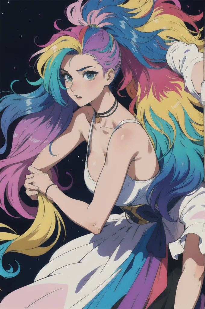 masterpiece, best quality, girl with rainbow hair, really wild hair, mane