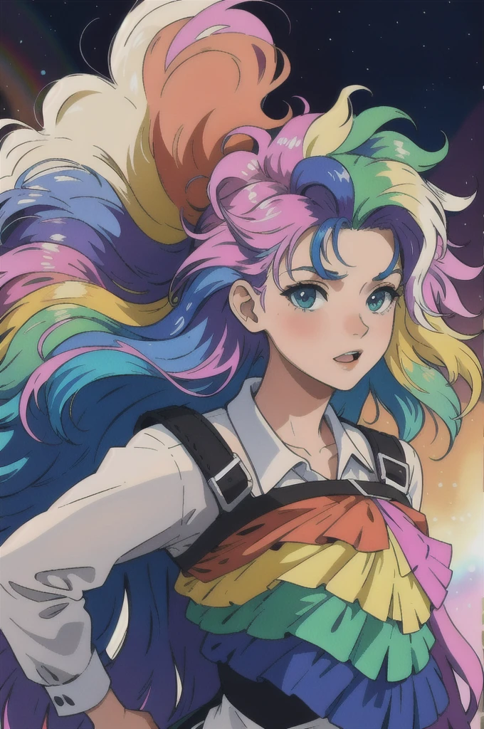 masterpiece, best quality, girl with rainbow hair, really wild hair, mane