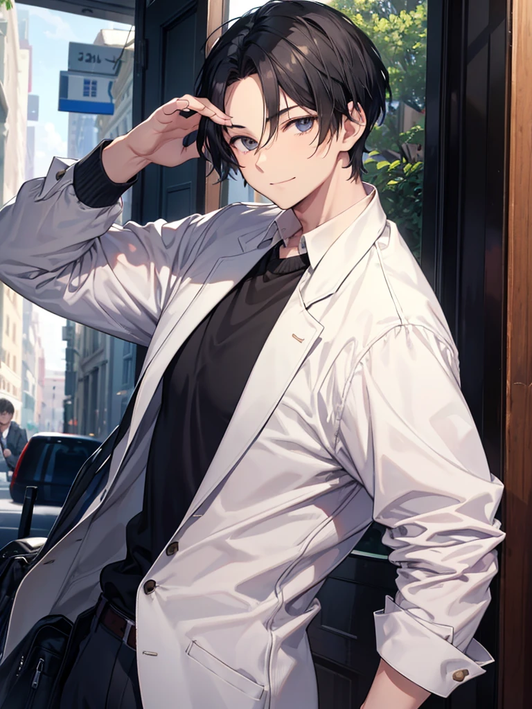 Forehead, Very short hair, A kind smile, One Man, Portrait from chest up, Very short black hair, Old man in clothes, Please open your eyes a little, Male hand,Man&#39;s face,Male eyebrows, Male Eyes, Sharp Nose ,Long Nose, Slicked back hairstyle, Black butler uniform, Iris, walking , A kind smile, Reminiscent of a novel cover, Dramatic lighting, Emphasize the contrast between light and shadow, (Official Art, Highest quality、unity 8k wallpaper、32k、masterpiece、Very detailed, grab your hair with your hands, Cinema Lighting, Isekai Tensei, anime,Beautiful light shining through the window, sense of cleanliness,