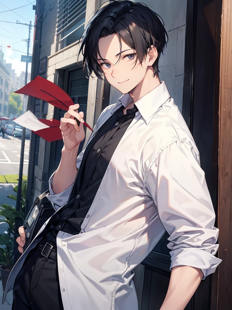 Forehead, Very short hair, A kind smile, One Man, Portrait from chest up, Very short black hair, Old man in clothes, Please open your eyes a little, Male hand,Man&#39;s face,Male eyebrows, Male Eyes, Sharp Nose ,Long Nose, Slicked back hairstyle, Black butler uniform, Iris, walking , A kind smile, Reminiscent of a novel cover, Dramatic lighting, Emphasize the contrast between light and shadow, (Official Art, Highest quality、unity 8k wallpaper、32k、masterpiece、Very detailed, grab your hair with your hands, Cinema Lighting, Isekai Tensei, anime,Beautiful light shining through the window, sense of cleanliness,