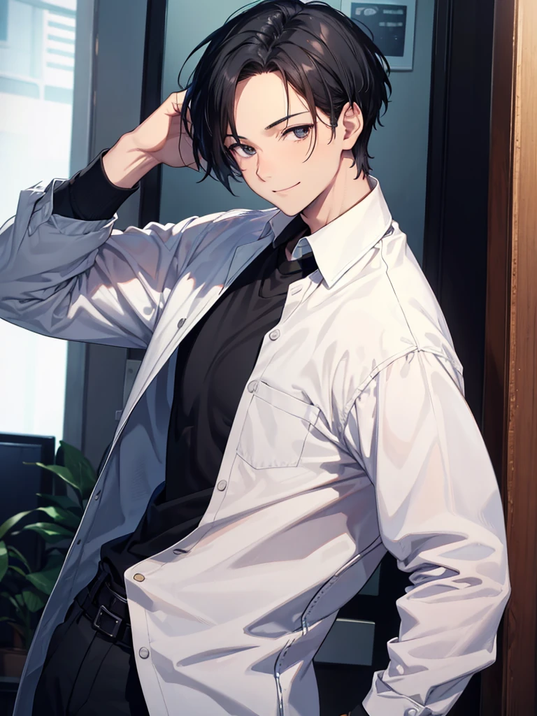 Forehead, Very short hair, A kind smile, One Man, Portrait from chest up, Very short black hair, Old man in clothes, Please open your eyes a little, Male hand,Man&#39;s face,Male eyebrows, Male Eyes, Sharp Nose ,Long Nose, Slicked back hairstyle, Black butler uniform, Iris, walking , A kind smile, Reminiscent of a novel cover, Dramatic lighting, Emphasize the contrast between light and shadow, (Official Art, Highest quality、unity 8k wallpaper、32k、masterpiece、Very detailed, grab your hair with your hands, Cinema Lighting, Isekai Tensei, anime,Beautiful light shining through the window, sense of cleanliness,