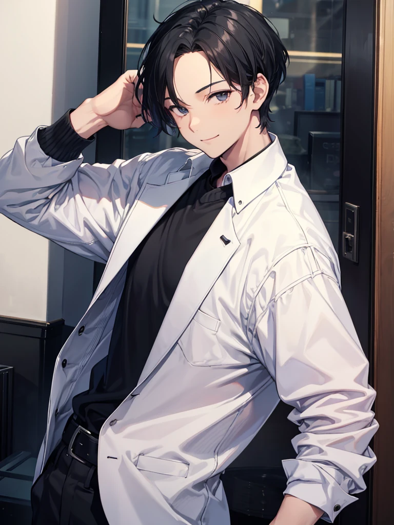 Forehead, Very short hair, A kind smile, One Man, Portrait from chest up, Very short black hair, Old man in clothes, Please open your eyes a little, Male hand,Man&#39;s face,Male eyebrows, Male Eyes, Sharp Nose ,Long Nose, Slicked back hairstyle, Black butler uniform, Iris, walking , A kind smile, Reminiscent of a novel cover, Dramatic lighting, Emphasize the contrast between light and shadow, (Official Art, Highest quality、unity 8k wallpaper、32k、masterpiece、Very detailed, grab your hair with your hands, Cinema Lighting, Isekai Tensei, anime,Beautiful light shining through the window, sense of cleanliness,