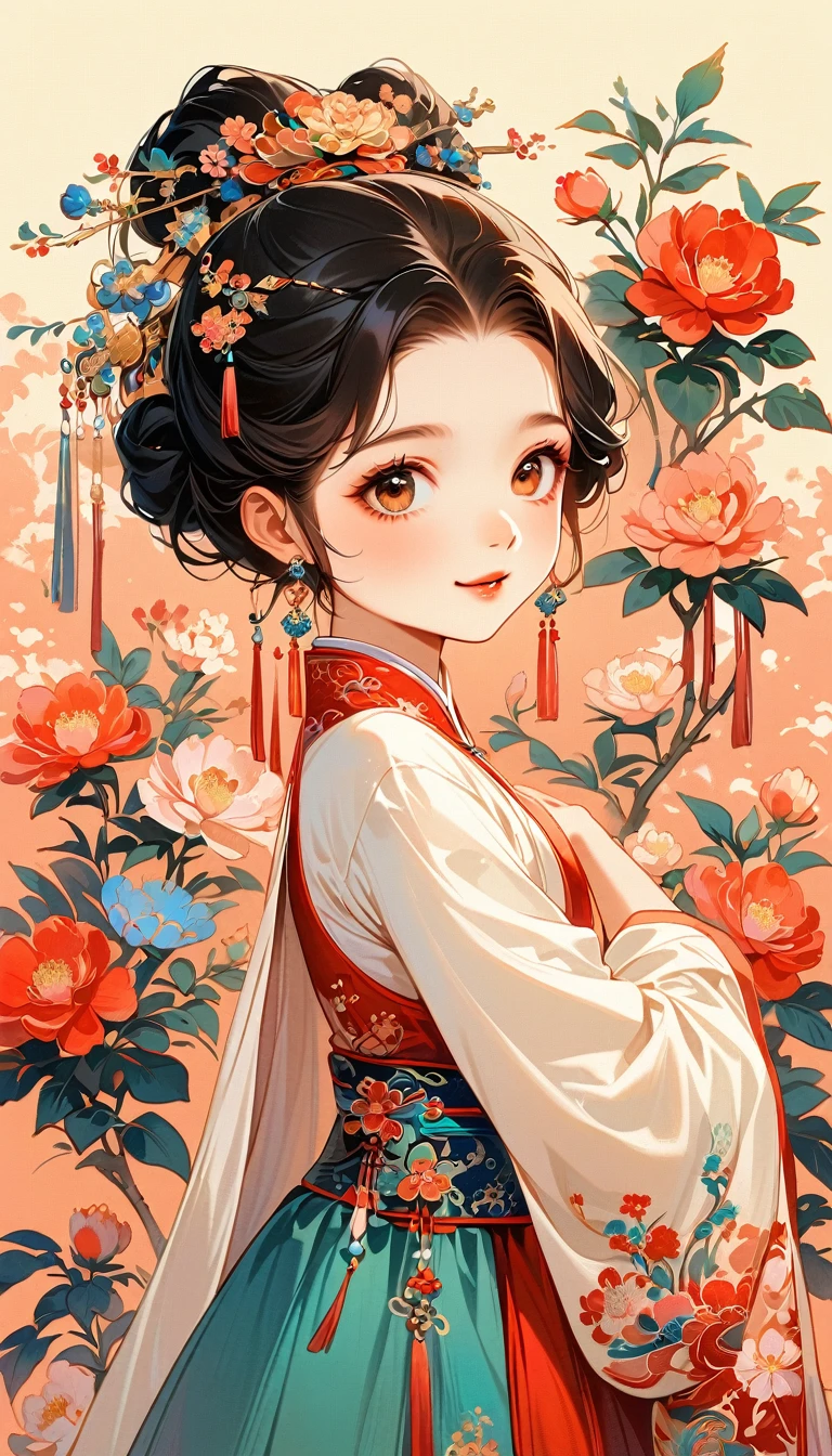 A beautiful young 10 years old little girl in traditional Chinese attire, sweet smile, from front, eyes look at other side, fashion pose, charming and attractive sexy pose, surrounded by a lush garden. gazing at it with gentle eyes. The woman's hair is styled in an elaborate updo adorned with flowers and traditional ornaments. Her dress is elegant, pink and white color tone, featuring fine silk with floral embroidery. The garden is in full bloom, with peonies and other flowers providing a backdrop. The scene captures the serenity and beauty of classical Chinese art, with a touch of nature harmony, (((Ultra-high saturation, high natural saturation, extremely bright colors)))