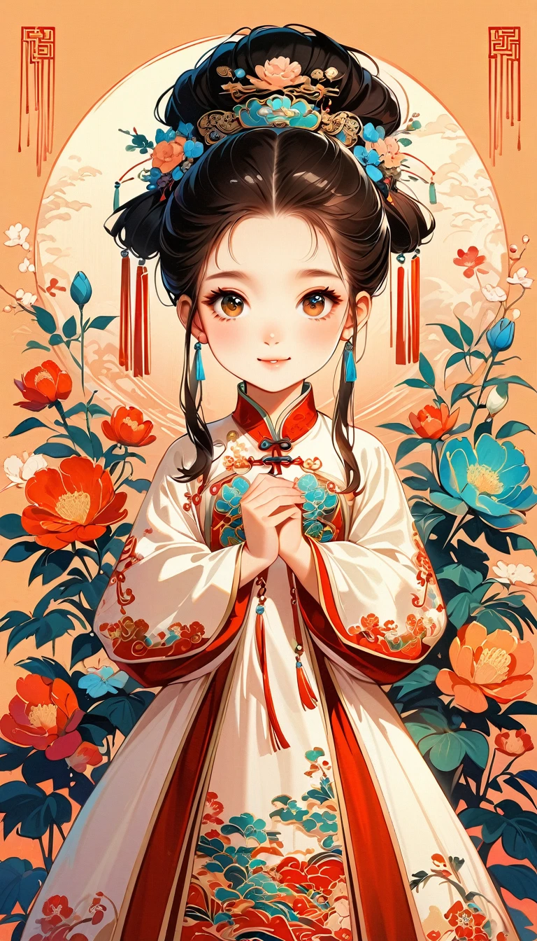 A beautiful young 10 years old little girl in traditional Chinese attire, sweet smile, from front, eyes look at other side, fashion pose, charming and attractive sexy pose, surrounded by a lush garden. gazing at it with gentle eyes. The woman's hair is styled in an elaborate updo adorned with flowers and traditional ornaments. Her dress is elegant, pink and white color tone, featuring fine silk with floral embroidery. The garden is in full bloom, with peonies and other flowers providing a backdrop. The scene captures the serenity and beauty of classical Chinese art, with a touch of nature harmony, (((Ultra-high saturation, high natural saturation, extremely bright colors)))