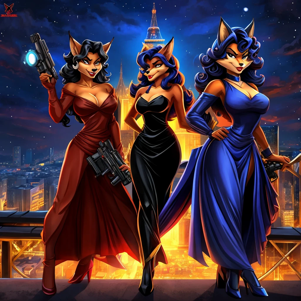 Фурри лисица Carmelita Fox из игры Sly Cooper Thieves in Time, with red lipstick on lips, in a black evening dress, shows his lips, holding a blaster, angry stands against the backdrop of the night city of Paris, cartoon style