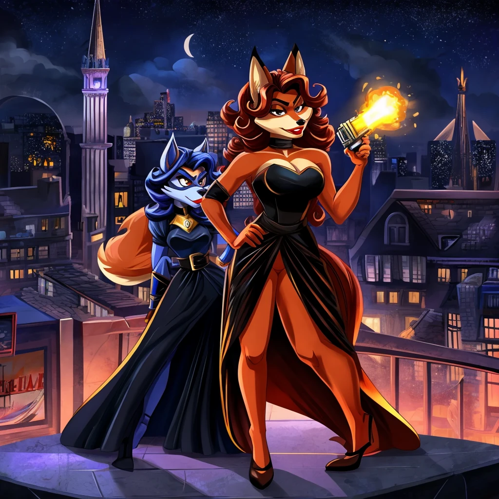 Фурри лисица Carmelita Fox из игры Sly Cooper Thieves in Time, with red lipstick on lips, in a black evening dress, shows his lips, holding a blaster, angry stands against the backdrop of the night city of Paris, cartoon style