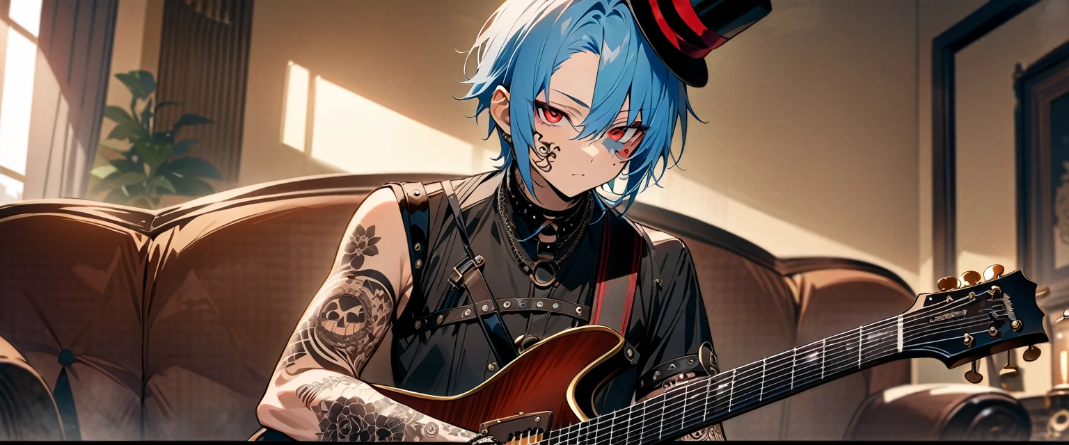 (((masterpiece,Highest quality))),((A male anime character with short blue hair, red eyes, and a tattooed upper arm wearing a visual kei outfit, holding a guitar)),((Steampunk-style electric guitar)),((Steampunk-style electric guitarを弾きながら座っている)),(((Small steampunk top hat,Tattoos on the right side of the face and on the arm))),(((Western-style living room))),Focus on the whole body,(high quality),アニメ