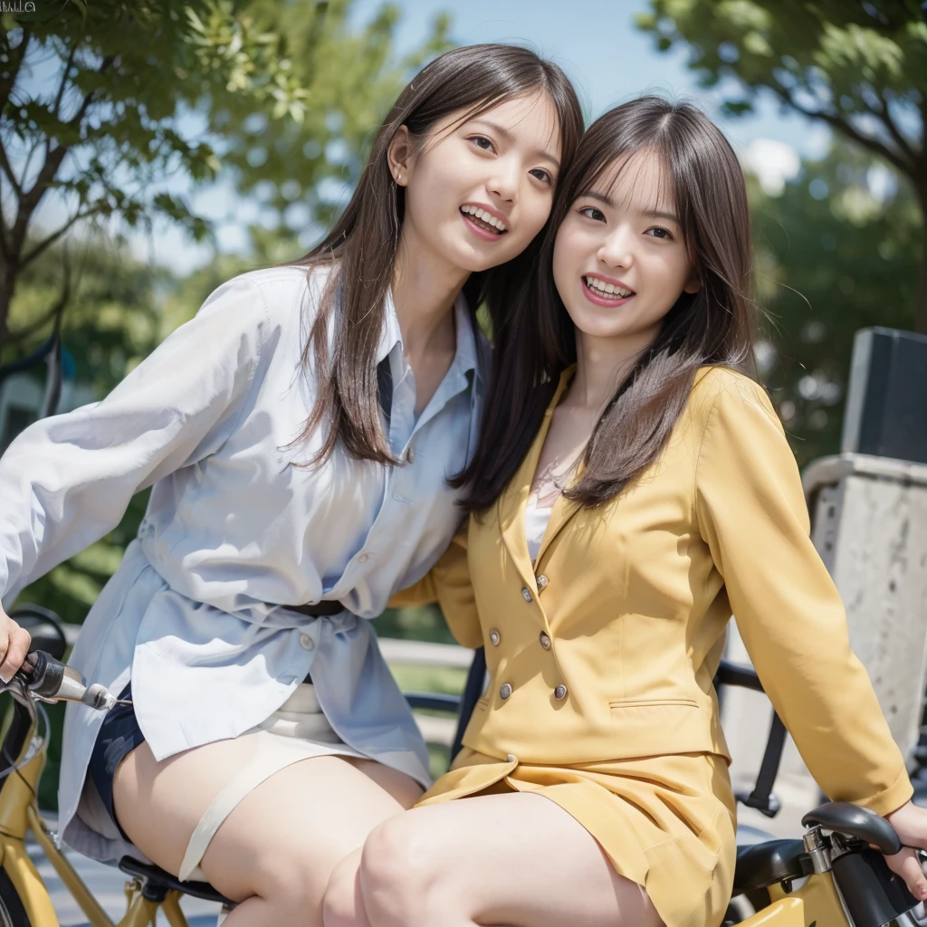 (8k, raw photo, best quality, masterpiece:1.2), (realistic, photo realistic:1.37),perfect anatomy,
Japanese woman,black hair,27 years old,
(slender),
(small breasts),
nsfw,(pubic hair:1.5),laughing, (riding bicycle:1.2), hair over one eye, wavy hair, (light yellow business suit, white skirt*1.3),on the street, (thick thighs,macro shot), low angle shot, from front