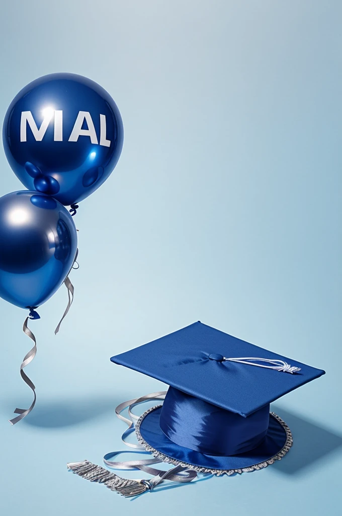 Graduation cap with the name Iker on a blue background with silver balloons around it