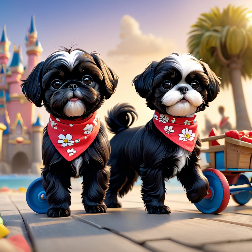 2adorable small black shih tzu puppies,wearing bright bandannas,wearing sunglasses,playing with wagon,disney background,3d cartoon,3d render,disney pixar style,(best quality,4k,8k,highres,masterpiece:1.2),ultra-detailed,(realistic,photorealistic,photo-realistic:1.37),cute,adorable,whimsical,colorful,vibrant,playful,happy