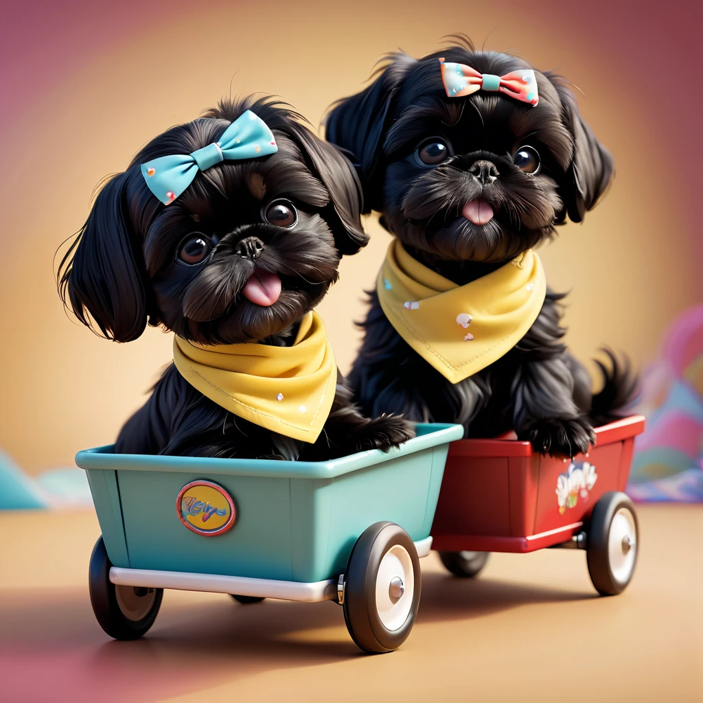 2 Adorable small black Shih Tzu puppies wearing bright bandannas sunglasses on porch swing Disney background 3d cartoon 3d render disney pixar style