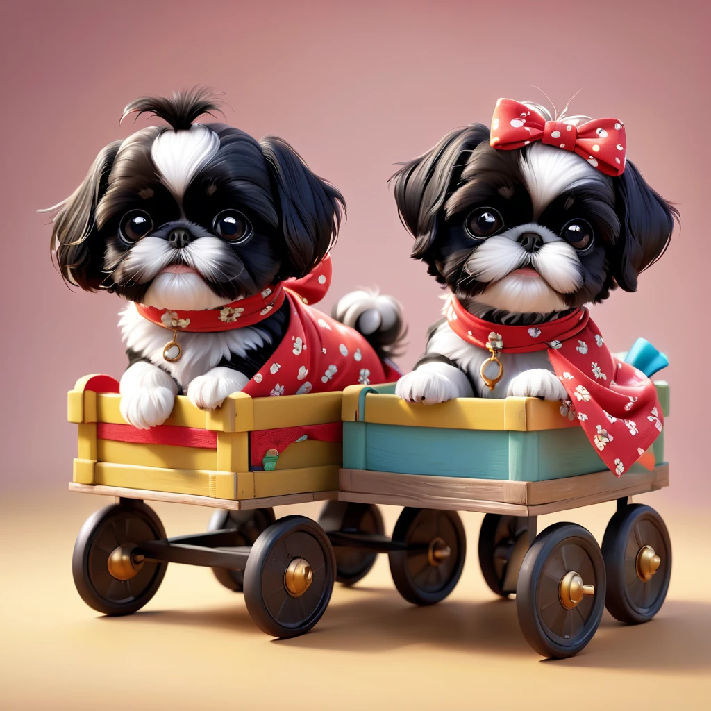 2adorable small black shih tzu puppies,wearing bright bandannas,wearing sunglasses,playing with wagon,disney background,3d cartoon,3d render,disney pixar style,(best quality,4k,8k,highres,masterpiece:1.2),ultra-detailed,(realistic,photorealistic,photo-realistic:1.37),cute,adorable,whimsical,colorful,vibrant,playful,happy