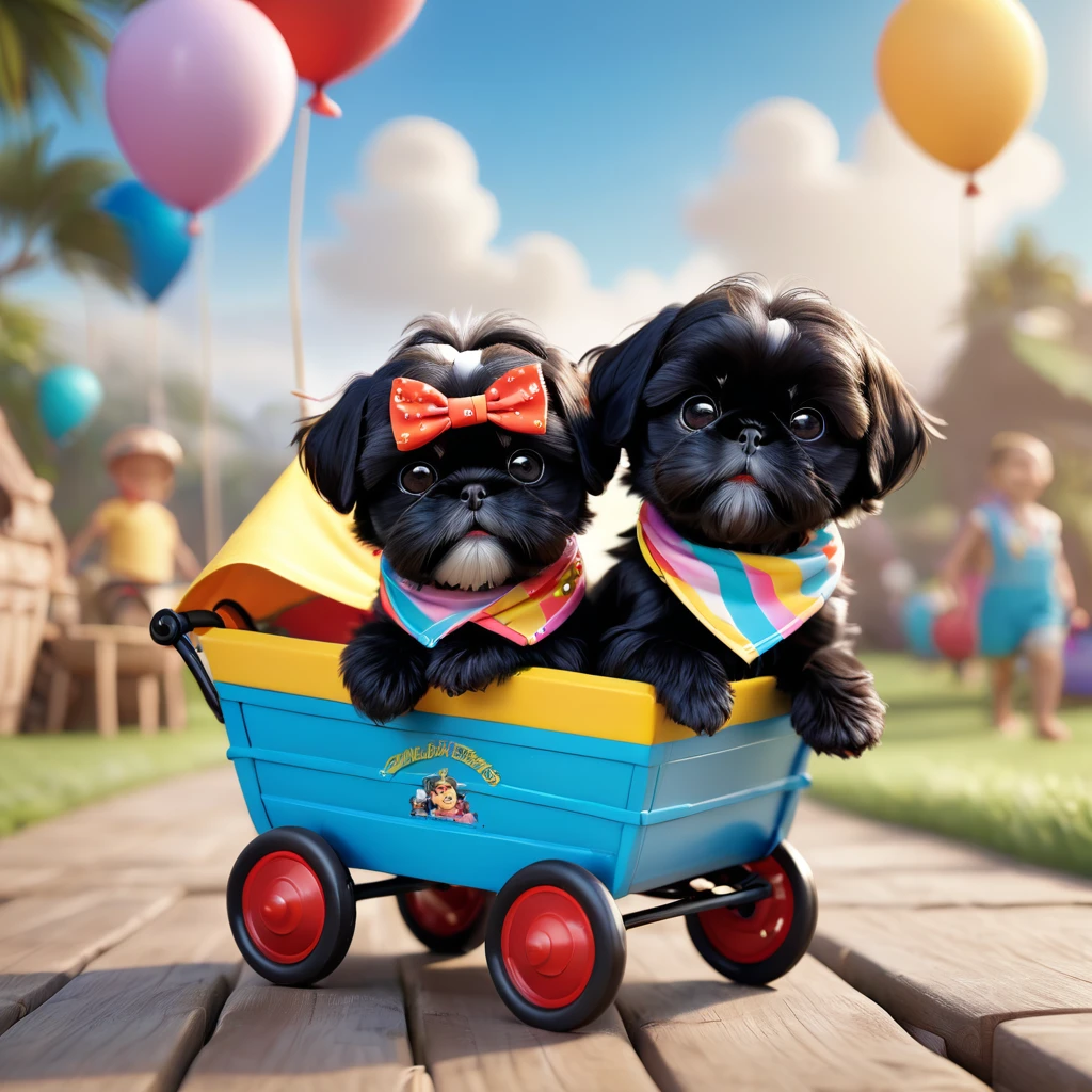 2adorable small black shih tzu puppies,wearing bright bandannas,wearing sunglasses,playing with wagon,disney background,3d cartoon,3d render,disney pixar style,(best quality,4k,8k,highres,masterpiece:1.2),ultra-detailed,(realistic,photorealistic,photo-realistic:1.37),cute,adorable,whimsical,colorful,vibrant,playful,happy