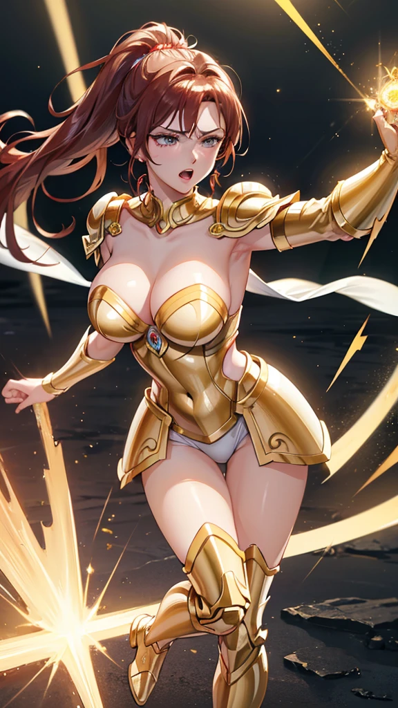 Gold Armor, 4K image, rallies, best quality, masterpiece, movie lighting ,Sexy,Large Breasts,Cleavage,action,In battle,cleavage,anger,noble,Light beams from hands,Golden lightning all around,red hair,ponytail hairstyle,Saint Seiya Leo Aiolia,Wink,lipstick
