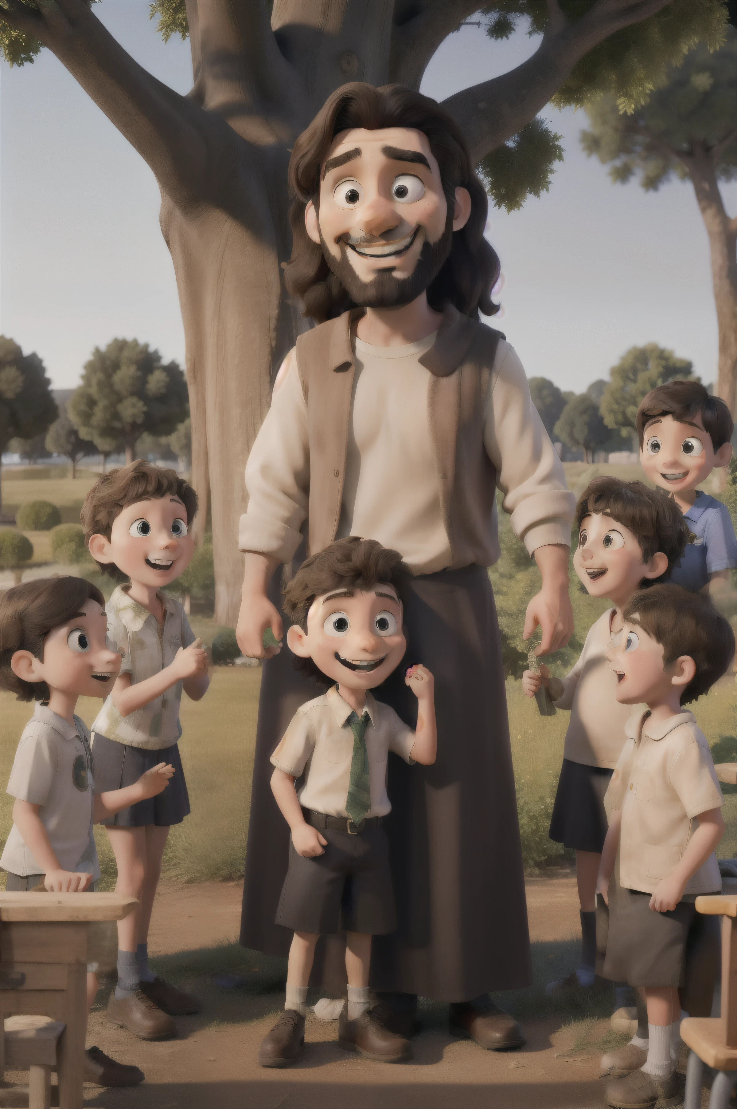 best qualityer, image of jesus, alongside other children, teaching and speaking, Grinning, next to a large tree