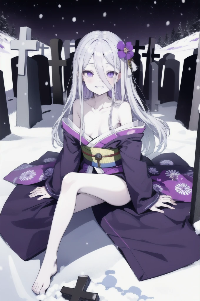 Highest quality, masterpiece,White Hair, Purple Eyes, Purple kimono, Exposing shoulders, ,Fair skin, Long Hair, Long Bangs,  Small breasts, Confused eyes, snow, sexy, Cemetery, Cross Grave, jitome, evil grin, Leg lift, stretching, half closed eyes, Off Shoulder, ass pov, pale skin