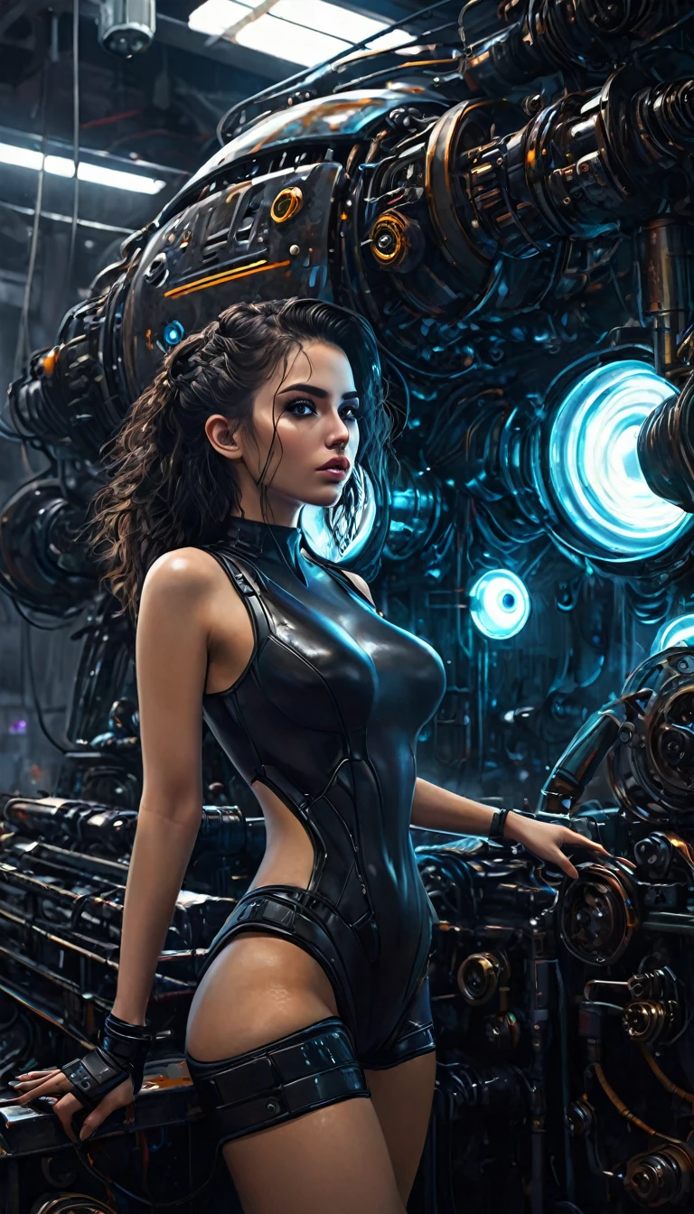 (art inspired by juan gimenez,oil painting,highly detailed,cinematic lighting,dramatic colors,intricate machinery,futuristic technology,epic scale,moody atmosphere,sexy girl in scene, dark and gritty,masterpiece,best quality,8k,photorealistic,professional)
