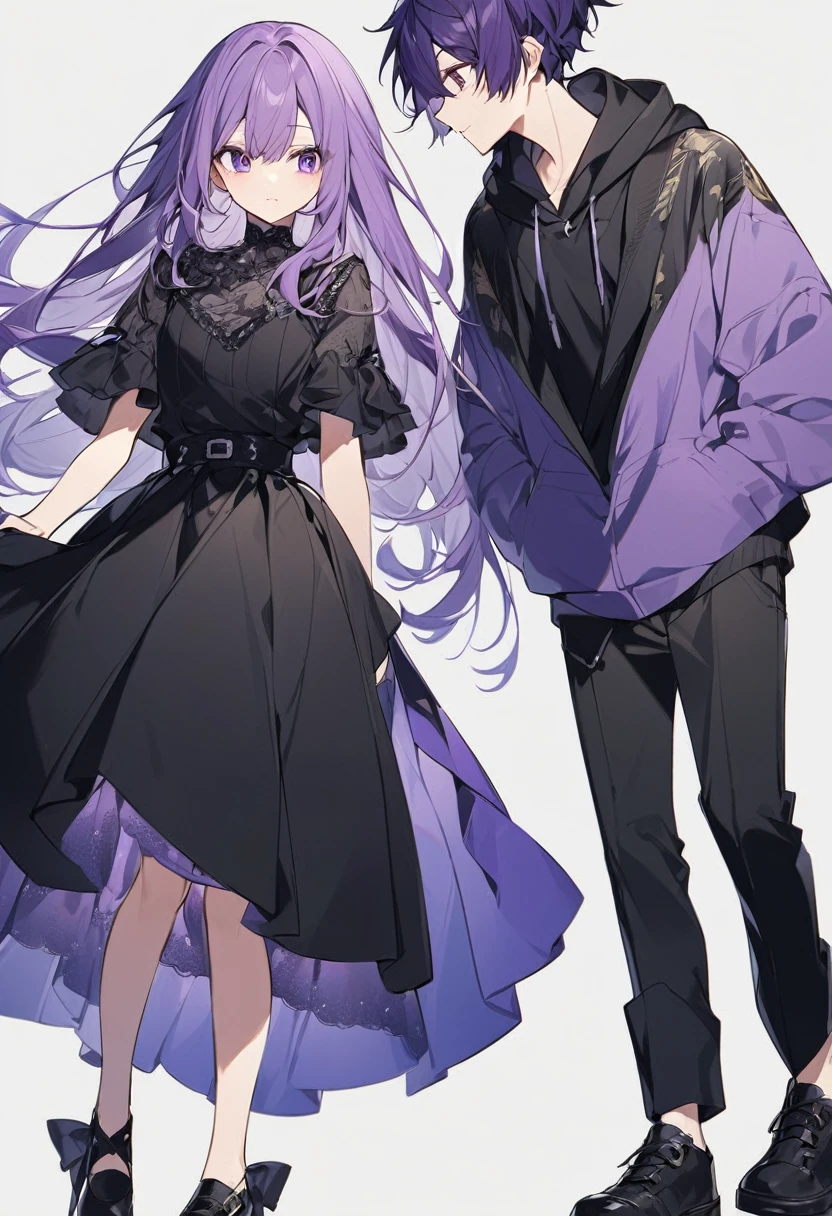 Keito。men and women。2 people。Purple hoodie。Black Skirt。The man wears black trousers。Purple Eyes。Purple Hair。Black shoes下。Black shoes。Facing each other up and down。