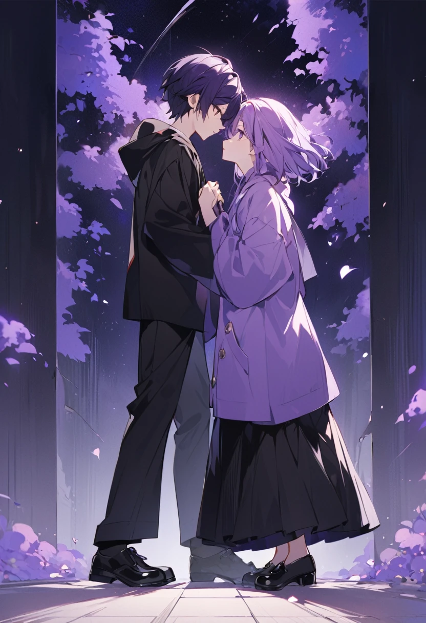 Keito。men and women。2 people。Purple hoodie。Black Skirt。The man wears black trousers。Purple Eyes。Purple Hair。Black shoes下。Black shoes。Facing each other up and down。