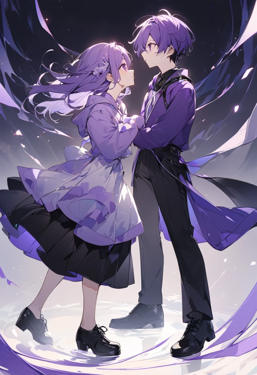 Keito。men and women。2 people。Purple hoodie。Black Skirt。The man wears black trousers。Purple Eyes。Purple Hair。Black shoes下。Black shoes。Facing each other up and down。