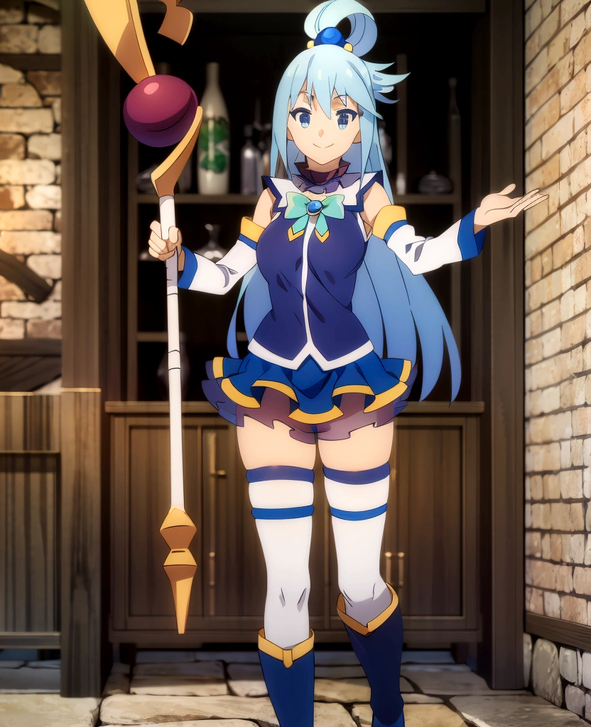 tavern; Aqua, smile, feather dress, holding staff;