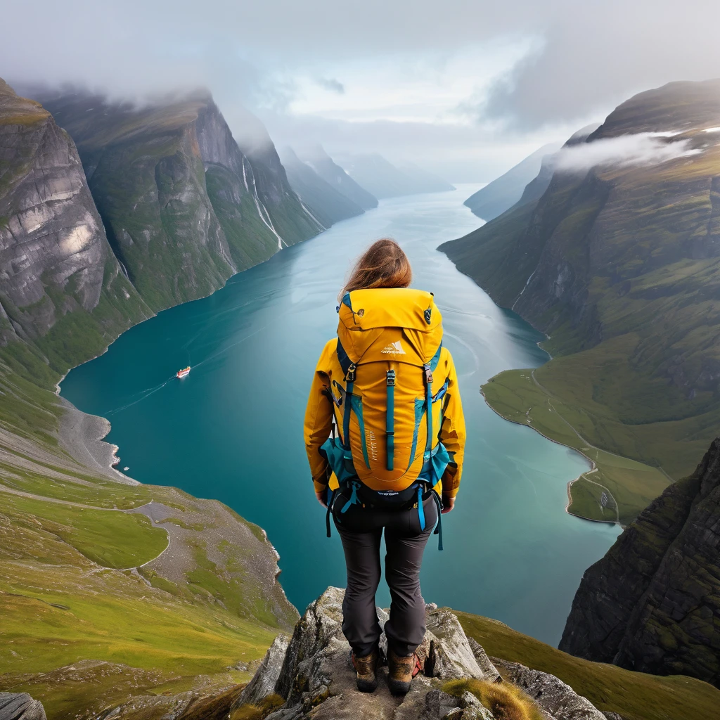 Highest quality,(masterpiece:1.2),Ultra-high resolution,RAW color photos,8K,Vast landscape photography,Realistic photos,Elaborate photos,Middle-aged women,Mountaineering,Back view,(Outdoor clothing),(Large backpack),(From below,Woman standing on a fjord,Gazing out at the vast ocean below),(bad weather),((fog)),Depth of written boundary,Wide Light,Low Contrast,Backlight,Sharp focus,Vibrant colors,Dynamic composition