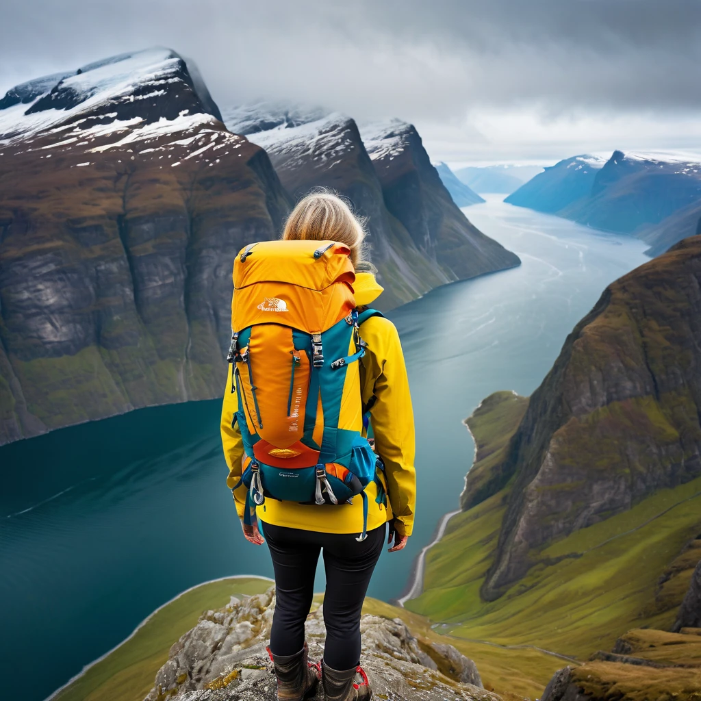 Highest quality,(masterpiece:1.2),Ultra-high resolution,RAW color photos,8K,Vast landscape photography,Realistic photos,Elaborate photos,Middle-aged women,Mountaineering,Back view,(Outdoor clothing),(Large backpack),(From below,Woman standing on a fjord,Gazing out at the vast ocean below),(bad weather),((fog)),Depth of written boundary,Wide Light,Low Contrast,Backlight,Sharp focus,Vibrant colors,Dynamic composition
