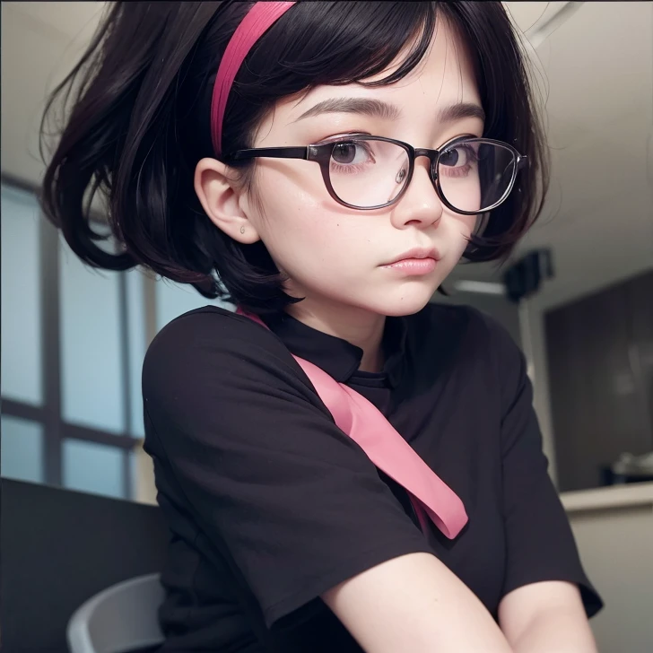 a masterpiece portrait of a beautiful young woman with a small face and angry expression, wearing red glasses , wearing a  and a short skirt, in an office setting, shot with a DSLR camera, high-quality 8k UHD image with realistic skin details, detailed facial features, rim lighting, pink hair