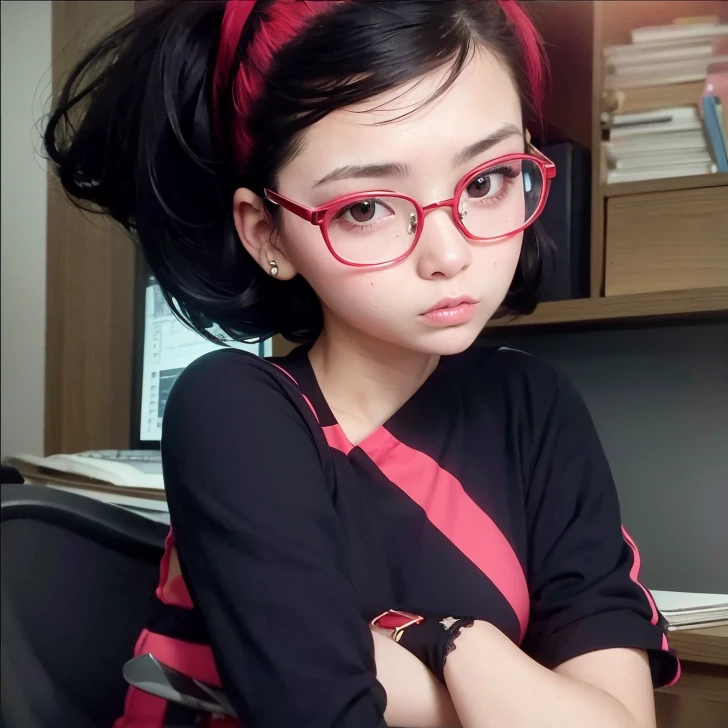 a masterpiece portrait of a beautiful young woman with a small face and angry expression, wearing red glasses , wearing a  and a short skirt, in an office setting, shot with a DSLR camera, high-quality 8k UHD image with realistic skin details, detailed facial features, rim lighting, pink hair