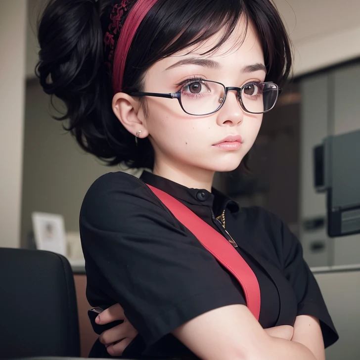 a masterpiece portrait of a beautiful young woman with a small face and angry expression, wearing red glasses , wearing a and a short skirt, in an office setting, shot with a DSLR camera, high-quality 8k UHD image with realistic skin details, detailed facial features, rim lighting, pink hair