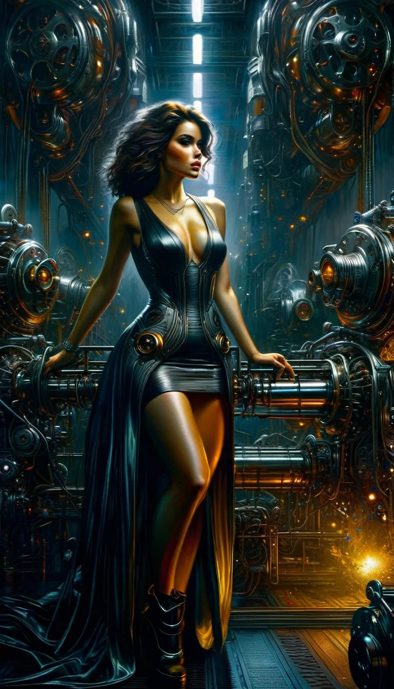 (art inspired by juan gimenez,oil painting,highly detailed,cinematic lighting,dramatic colors,intricate machinery,futuristic technology,epic scale,moody atmosphere,sexy girl in scene, dark and gritty,masterpiece,best quality,8k,photorealistic,professional)