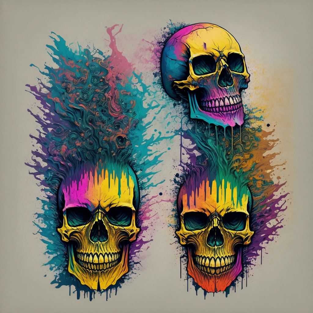 (a portrait of Cyberpunk Skull with colorful liquid l:1) ,  T-shirt logo in conical fine contour style,  spelling view, art in (empty background:1.4)hands,