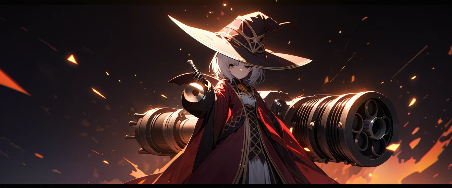 (Highly detailed 8K wallpapers), Medium shot of Loline Necromancer, particle lighting, High detail, dramatic, Gatling gun in hand, Clean background, Wearing a wizard's hat, Removed weapons from the top of the background