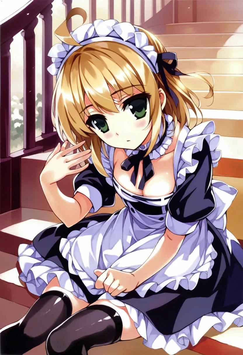 score_9, misaki kurehito, official art, masterpiece, absurdres, anime screencap:1.5, 1girl, :o, ahoge, apron, arm support, black dress, black ribbon, black thighhighs, blonde hair, breasts, choker, cleavage, dress, frilled choker, frills, green eyes, indoors, leaning forward, maid, maid apron, maid headdress, neck ribbon, puffy short sleeves, puffy sleeves, ribbon, seiza, short sleeves, sidelocks, sitting, small breasts, solo, stairs, thighhighs, zettai ryouiki, indoors,
