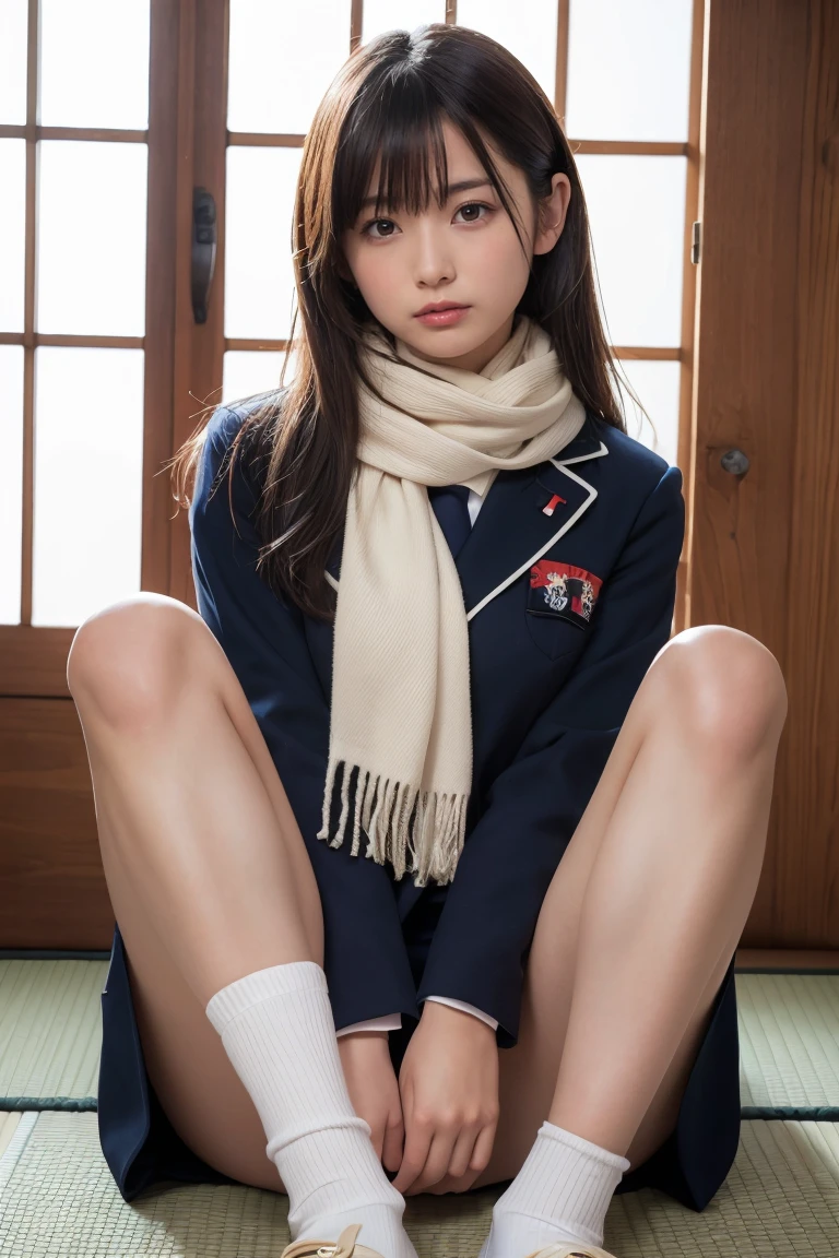 Urzan-6500-v1.1, (Raw photo:1.2), (Photorealistic:1.4), Beautiful detailed girl, Very detailedな目と顔, Beautiful and fine details, Ridiculous, unbelievable Ridiculous, Large file size, Ultra-detailed, High resolution, Very detailed, Highest quality, masterpiece, Kemomimi, ((Bury your face in a white scarf)), (((Japan Uniform))), Awareness-raising, Very detailed, Hmph, Unite, 8k wallpaper, Amazing, In detail, masterpiece, Highest quality, HVery detailed ticker uniform 8K wallpaper, Face Light、Cinema Lighting、One Girl、、(No panties)、((Dynamic Pose)))、(Camel Toe)、(half)、(Sitting with bent knees or legs))