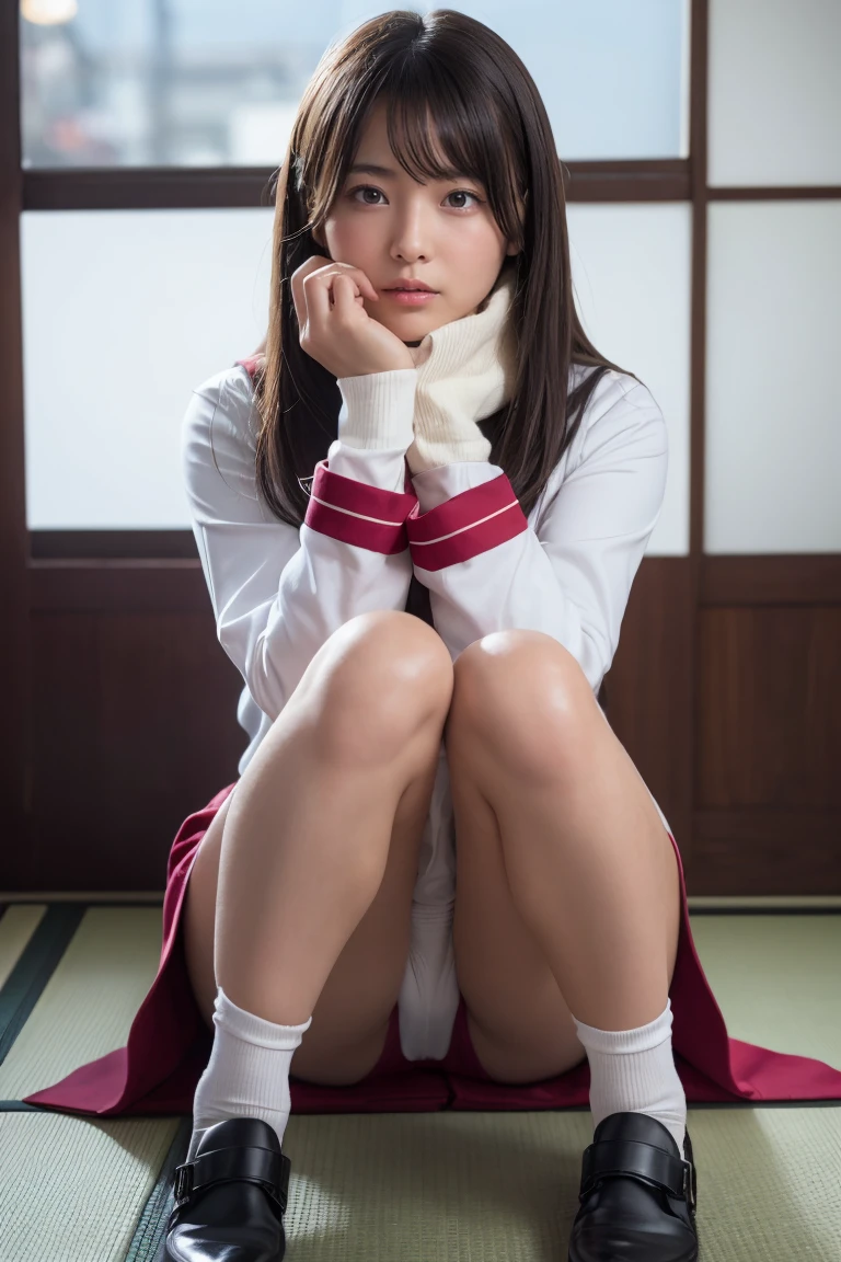 Urzan-6500-v1.1, (Raw photo:1.2), (Photorealistic:1.4), Beautiful detailed girl, Very detailedな目と顔, Beautiful and fine details, Ridiculous, unbelievable Ridiculous, Large file size, Ultra-detailed, High resolution, Very detailed, Highest quality, masterpiece, Kemomimi, ((Bury your face in a white scarf)), (((Japan Uniform))), Awareness-raising, Very detailed, Hmph, Unite, 8k wallpaper, Amazing, In detail, masterpiece, Highest quality, HVery detailed ticker uniform 8K wallpaper, Face Light、Cinema Lighting、One Girl、、(No panties)、((Dynamic Pose)))、(Camel Toe)、(half)、(Sitting with bent knees or legs))