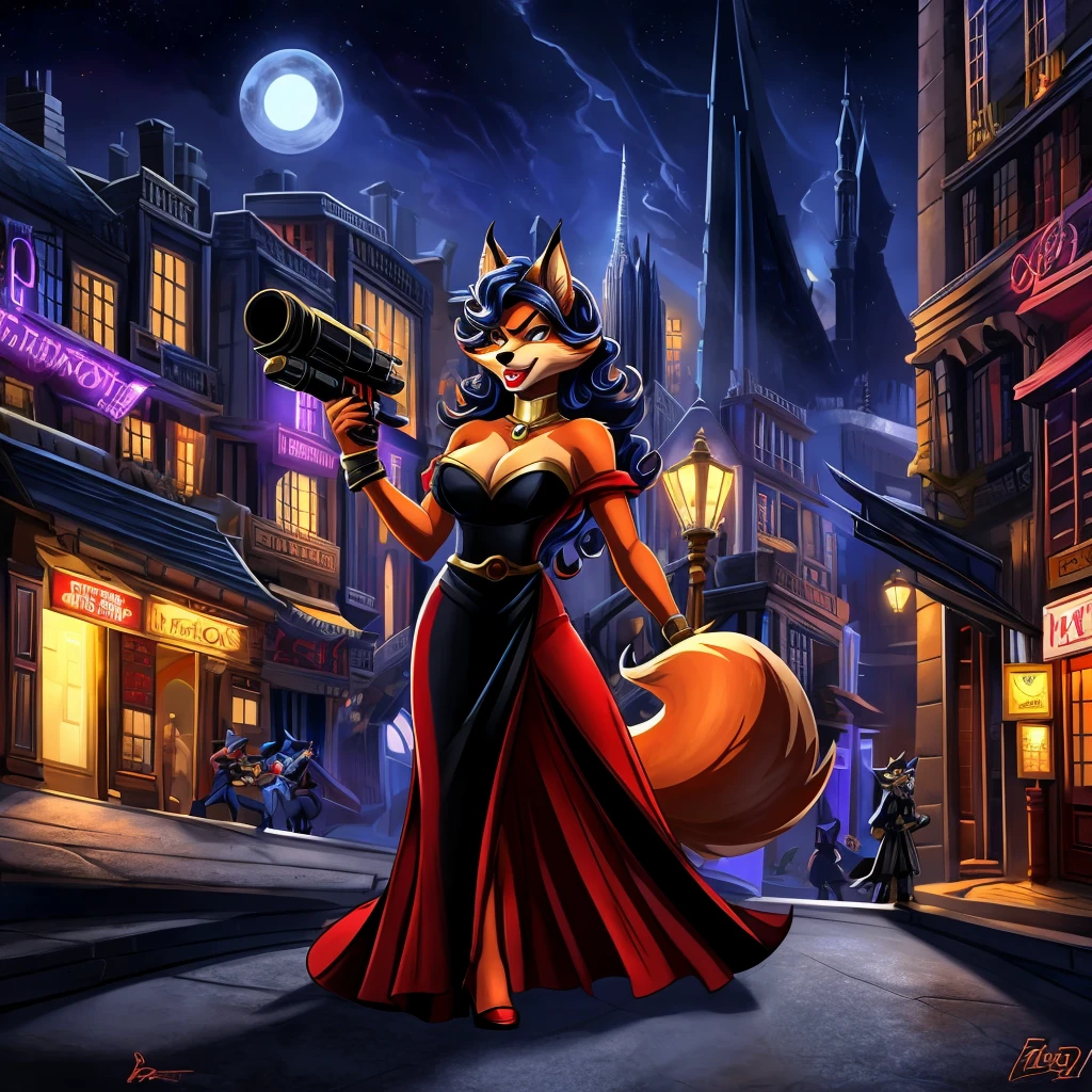 Фурри лисица Carmelita Fox из игры Sly Cooper Thieves in Time, with red lipstick on lips, in a black evening dress, shows his lips, holding a blaster, angry stands against the backdrop of the night city of Paris, cartoon style