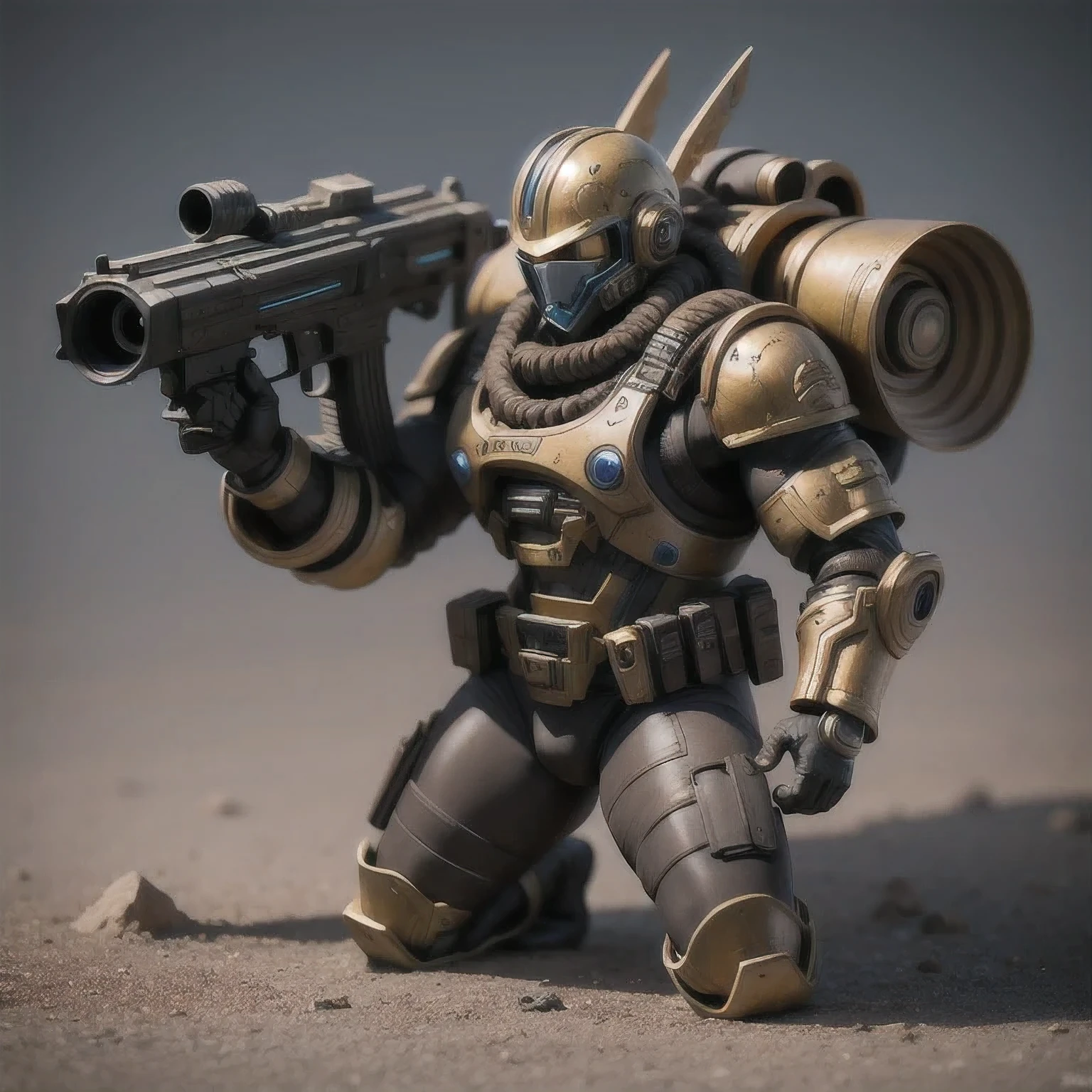 Close-up of a man toy holding a gun, Painted Action Figures, an aztec warrior, Art Station Masterpiece, Colored zbrush rendering, Warrior in sci-fi armor, Super detailed fantasy characters, Assembling, High-octane rendering, Drawing in Zrush, Dystopian Bounty Hunter, Highly detailed toys, very detailed character, ( Very detailed graphics )